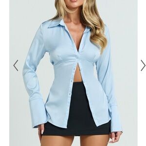 Showpo NATALIE TOP - BUTTON UP FLARED SLEEVE SHIRT IN LIGHT BLUE
